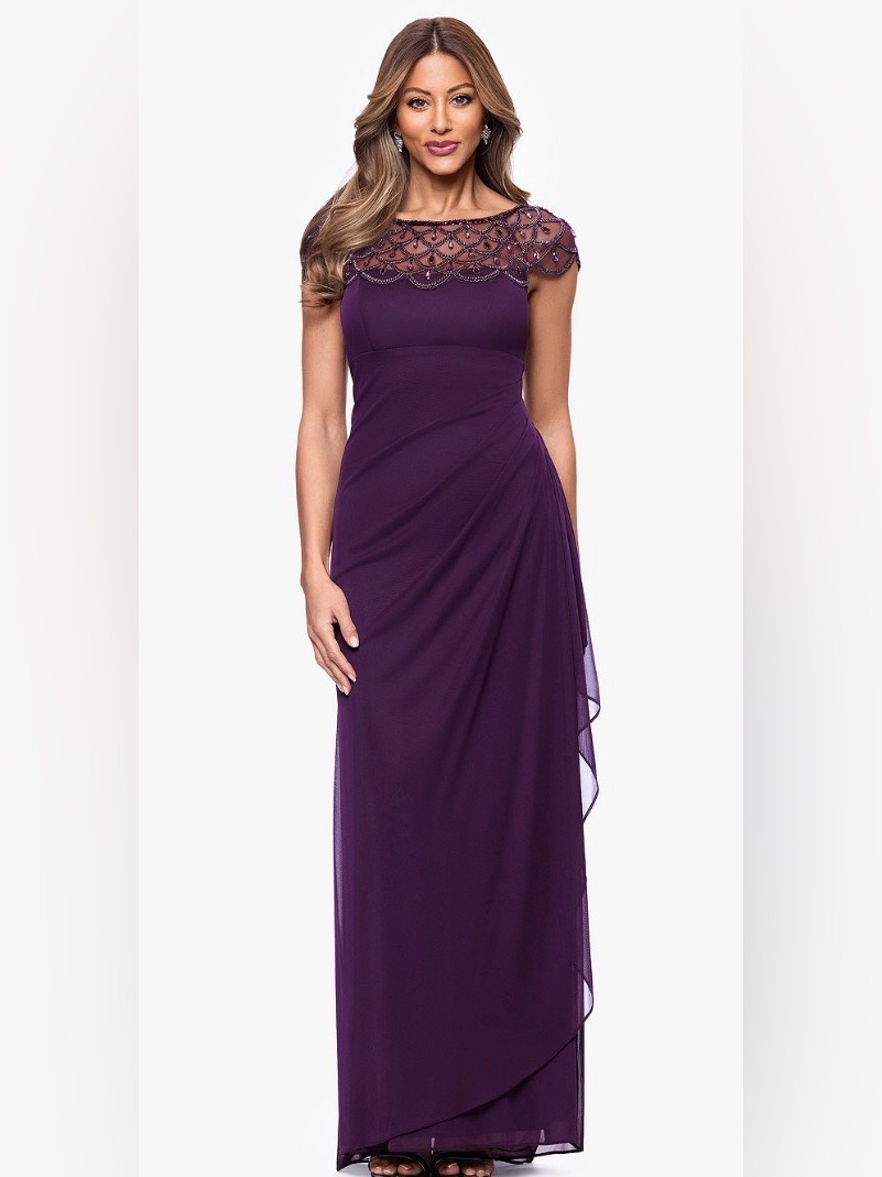 Xscape Long Dress Size 4 Plum Purple Beaded Ruched Cap Sleeve Sheath Nwt $239
